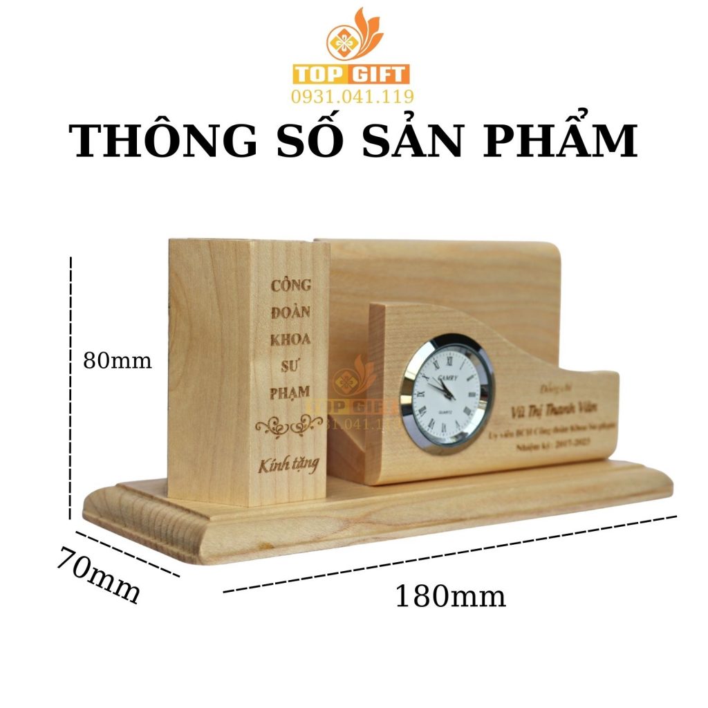 Khay cắm bút gỗ khắc tên có đồng hồ 2